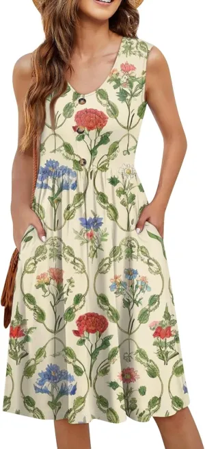 Summer Dresses for Women Flowy Sundresses printedLoose Sleeveless Mini Dress Beach Tshirt Tank Dresses with Pockets