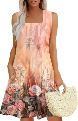 Summer Dresses for Women Flowy Sundresses Prited Casual Sleeveless Mini Dress Beach Tshirt Tank Dresses with Pockets