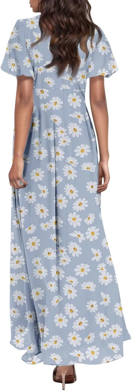 Summer Dresses for Women Highwaisted Flowy Maxi Dress Chiffon Ruffle Sleeve Boho Floral Dresses Western Wedding Dress