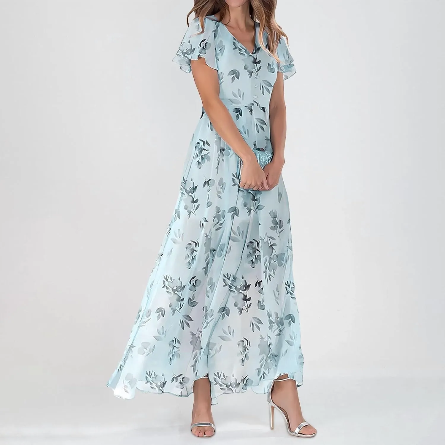Summer Dresses for Women Highwaisted Flowy Maxi Dress Chiffon Ruffle Sleeve Boho Floral Dresses Western Wedding Dress
