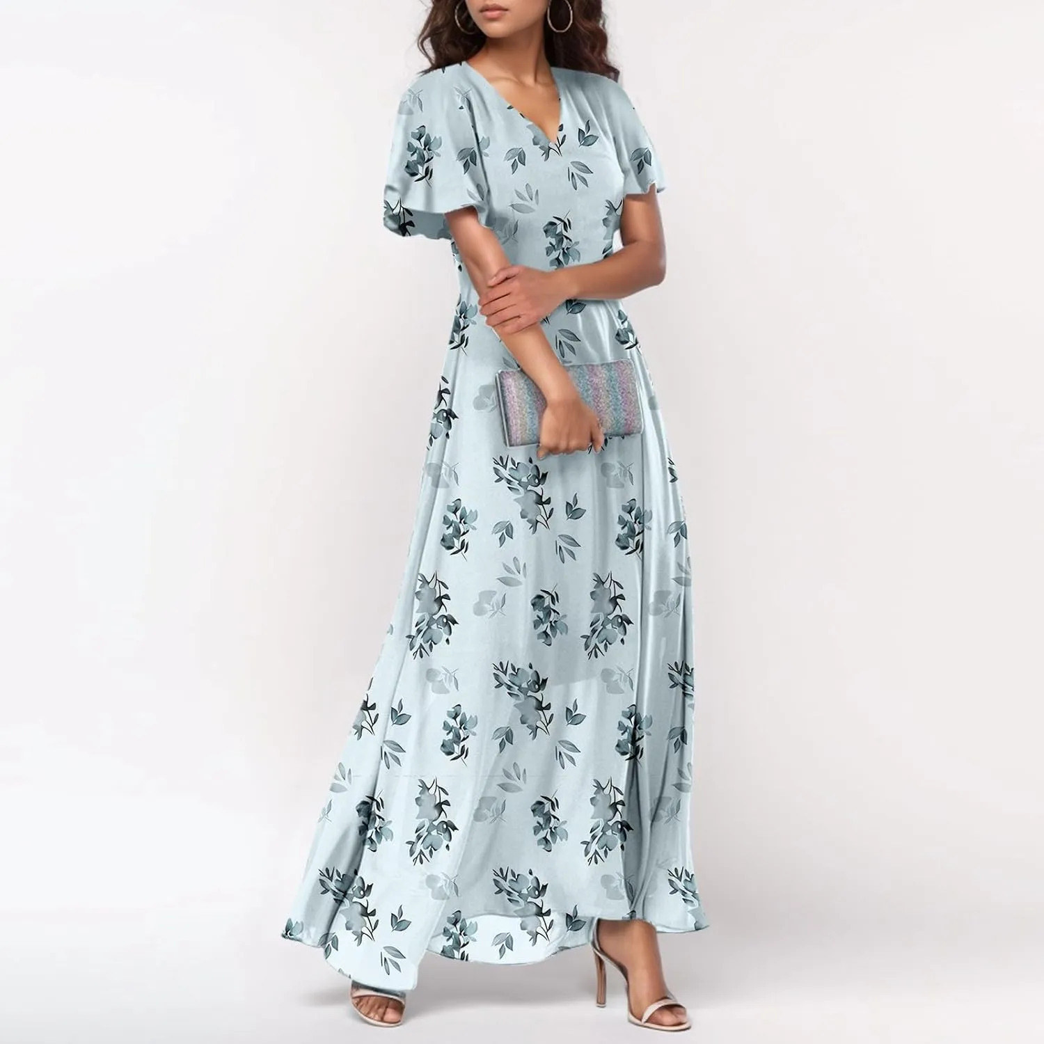 Summer Dresses for Women Highwaisted Flowy Maxi Dress Chiffon Ruffle Sleeve Boho Floral Dresses Western Wedding Dress