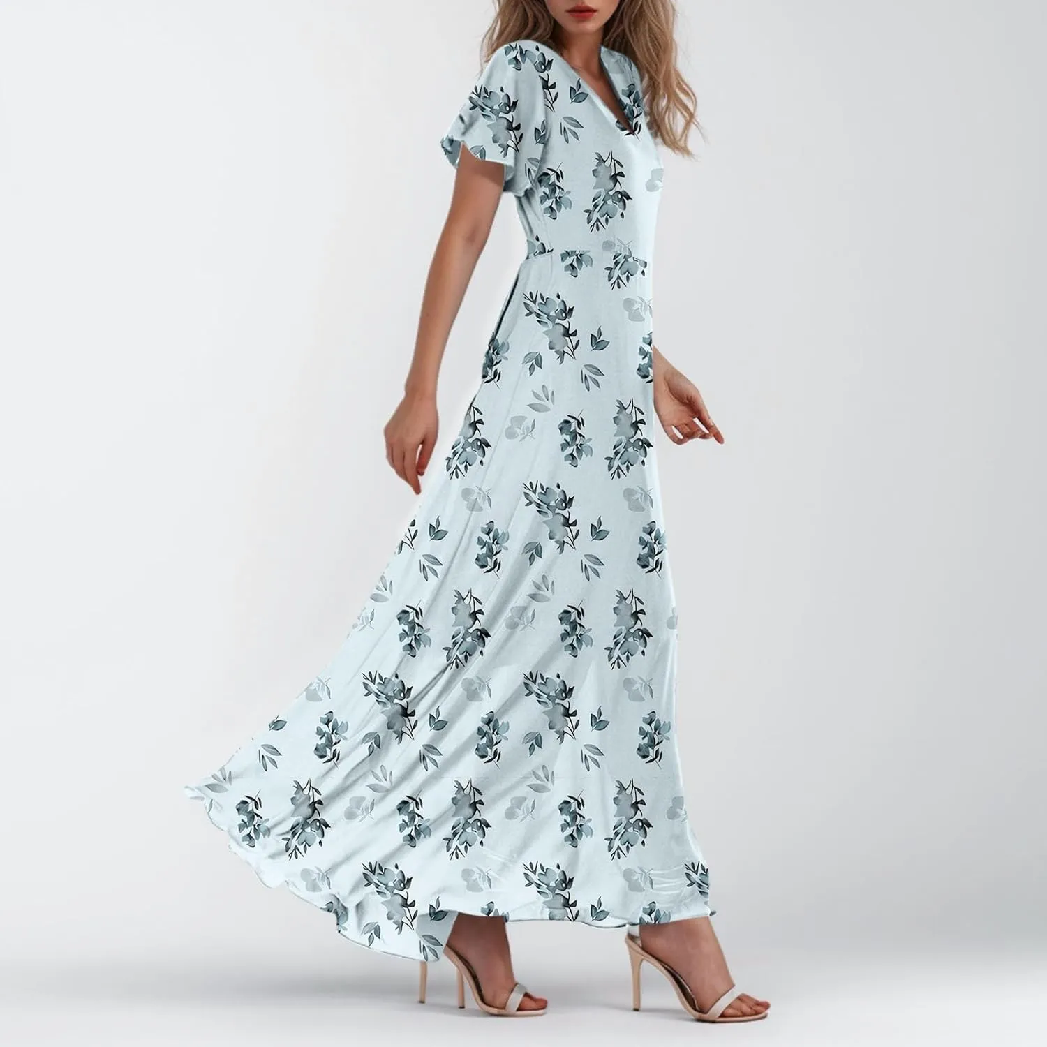 Summer Dresses for Women Highwaisted Flowy Maxi Dress Chiffon Ruffle Sleeve Boho Floral Dresses Western Wedding Dress