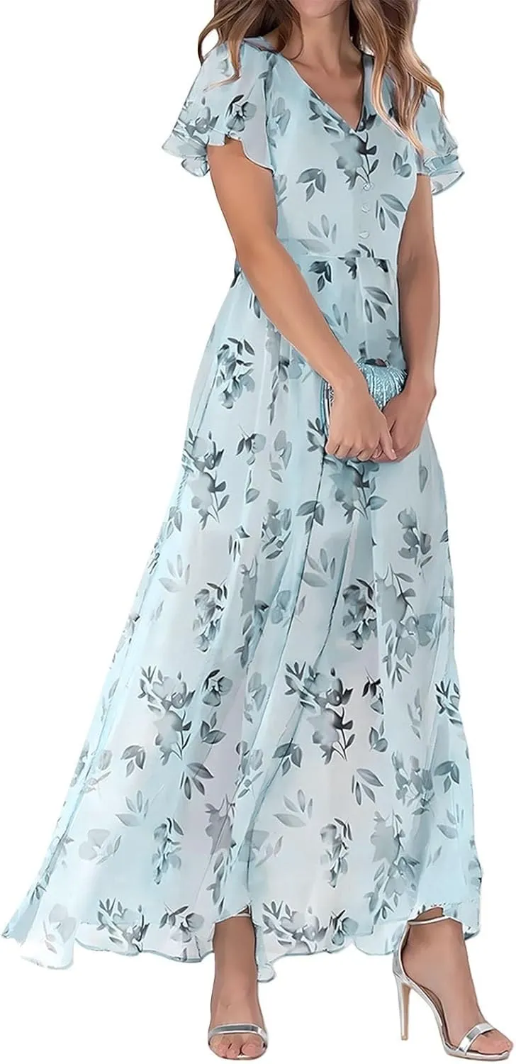Summer Dresses for Women Highwaisted Flowy Maxi Dress Chiffon Ruffle Sleeve Boho Floral Dresses Western Wedding Dress