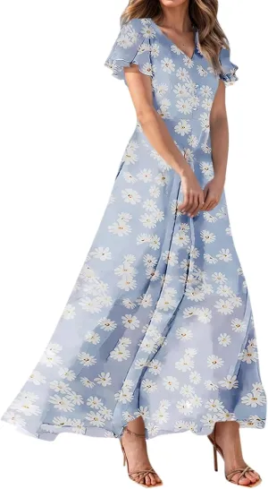 Summer Dresses for Women Highwaisted Flowy Maxi Dress Chiffon Ruffle Sleeve Boho Floral Dresses Western Wedding Dress