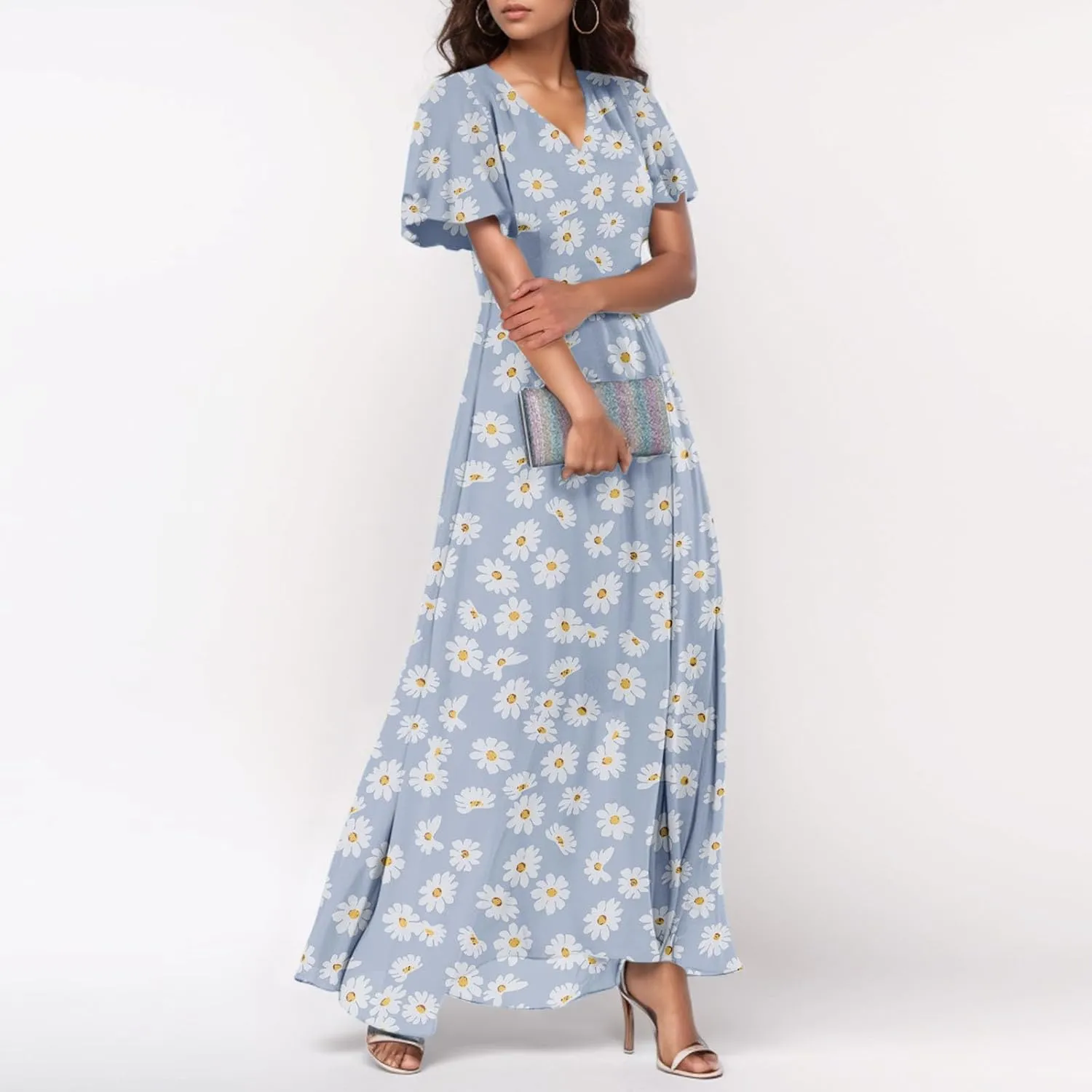 Summer Dresses for Women Highwaisted Flowy Maxi Dress Chiffon Ruffle Sleeve Boho Floral Dresses Western Wedding Dress