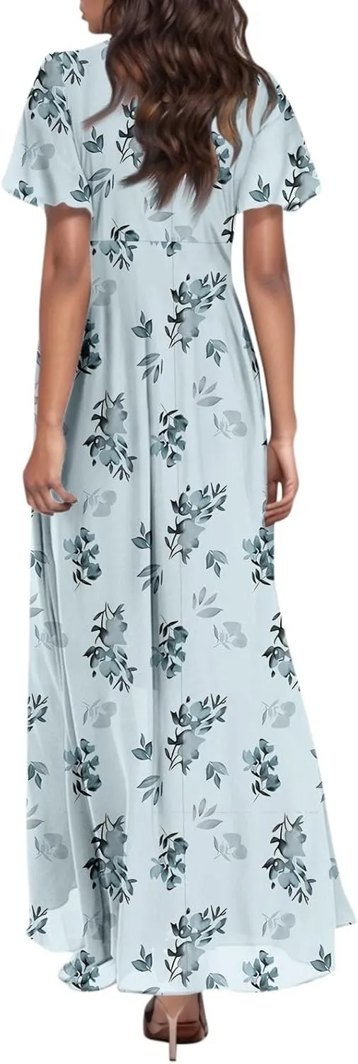 Summer Dresses for Women Highwaisted Flowy Maxi Dress Chiffon Ruffle Sleeve Boho Floral Dresses Western Wedding Dress