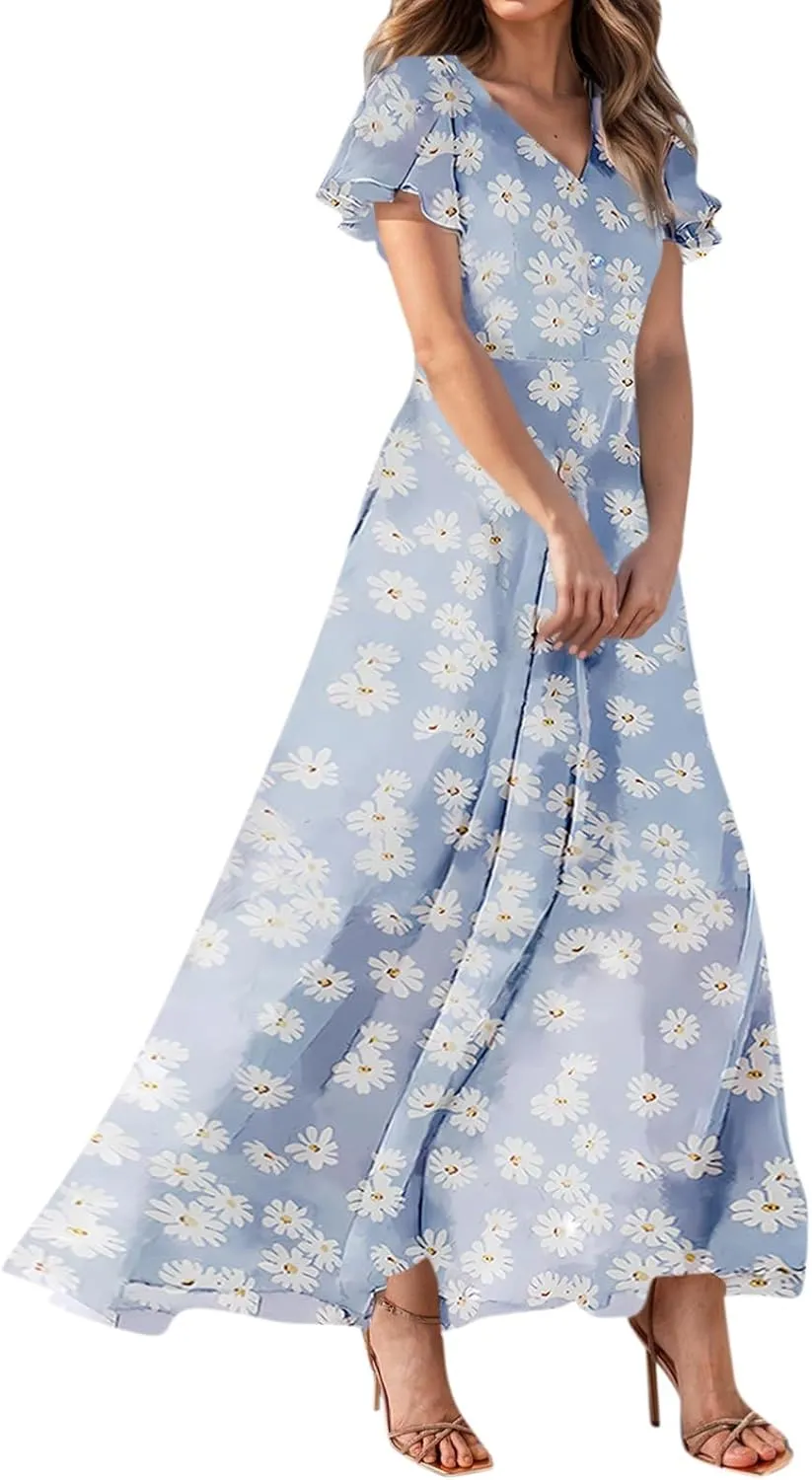 Summer Dresses for Women Highwaisted Flowy Maxi Dress Chiffon Ruffle Sleeve Boho Floral Dresses Western Wedding Dress
