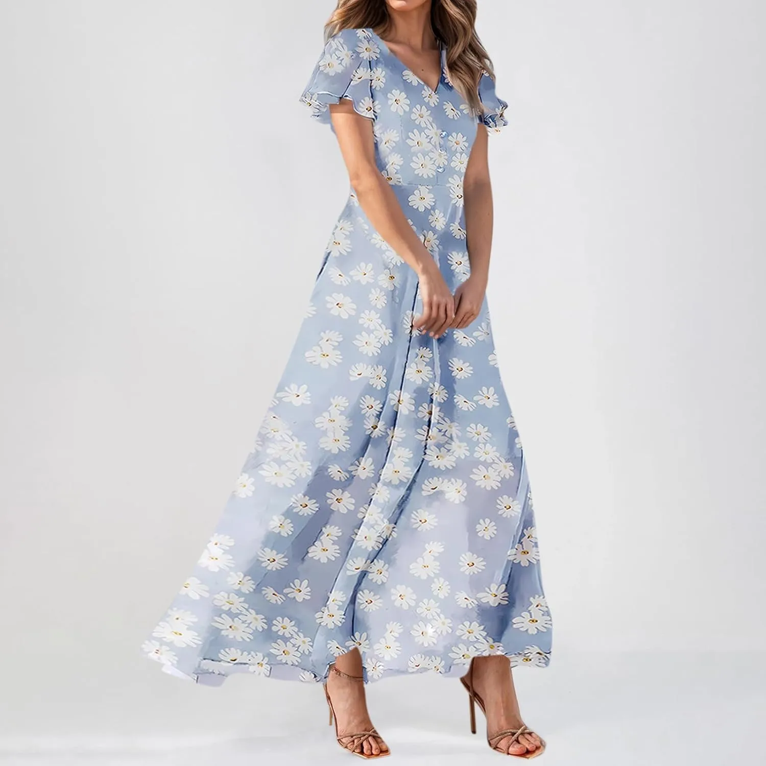 Summer Dresses for Women Highwaisted Flowy Maxi Dress Chiffon Ruffle Sleeve Boho Floral Dresses Western Wedding Dress