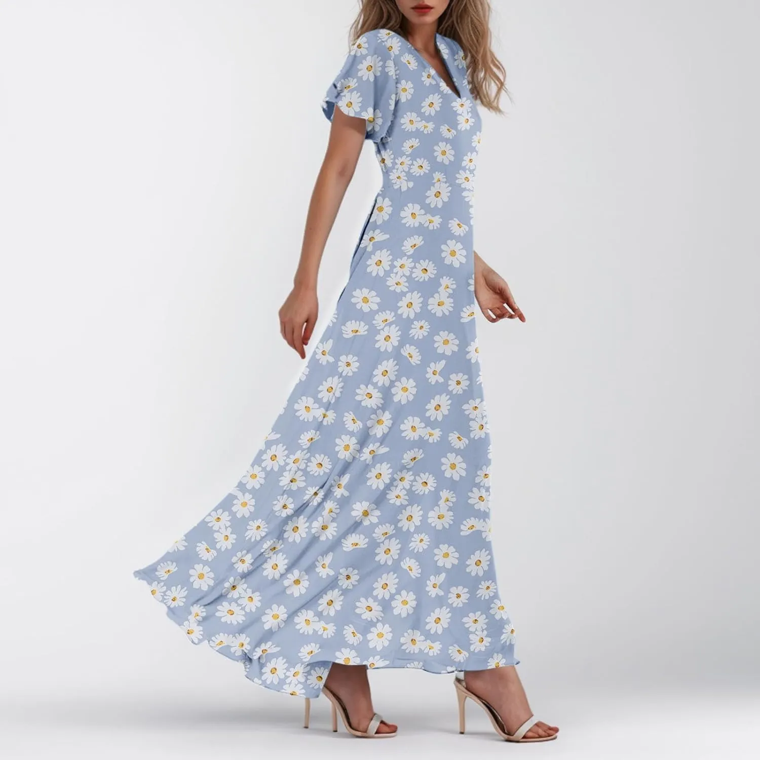 Summer Dresses for Women Highwaisted Flowy Maxi Dress Chiffon Ruffle Sleeve Boho Floral Dresses Western Wedding Dress