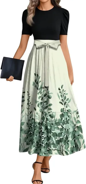 Summer Dresses for Women Ruffle Hem Maxi Dress Short Sleeve Creneck Smocked Dress Fitted Party Dresses with Belt