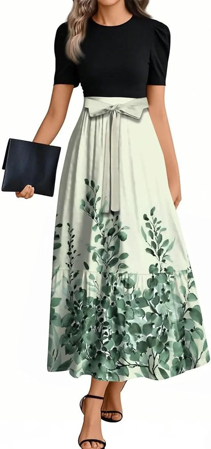Summer Dresses for Women Ruffle Hem Maxi Dress Short Sleeve Creneck Smocked Dress Fitted Party Dresses with Belt