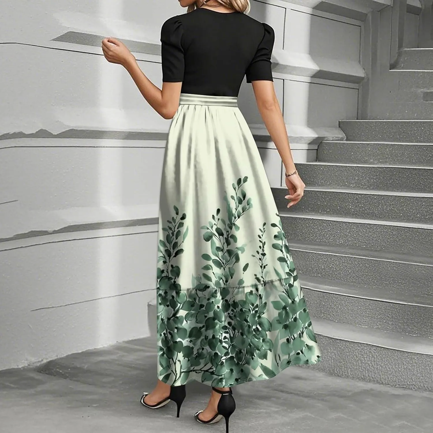 Summer Dresses for Women Ruffle Hem Maxi Dress Short Sleeve Creneck Smocked Dress Fitted Party Dresses with Belt