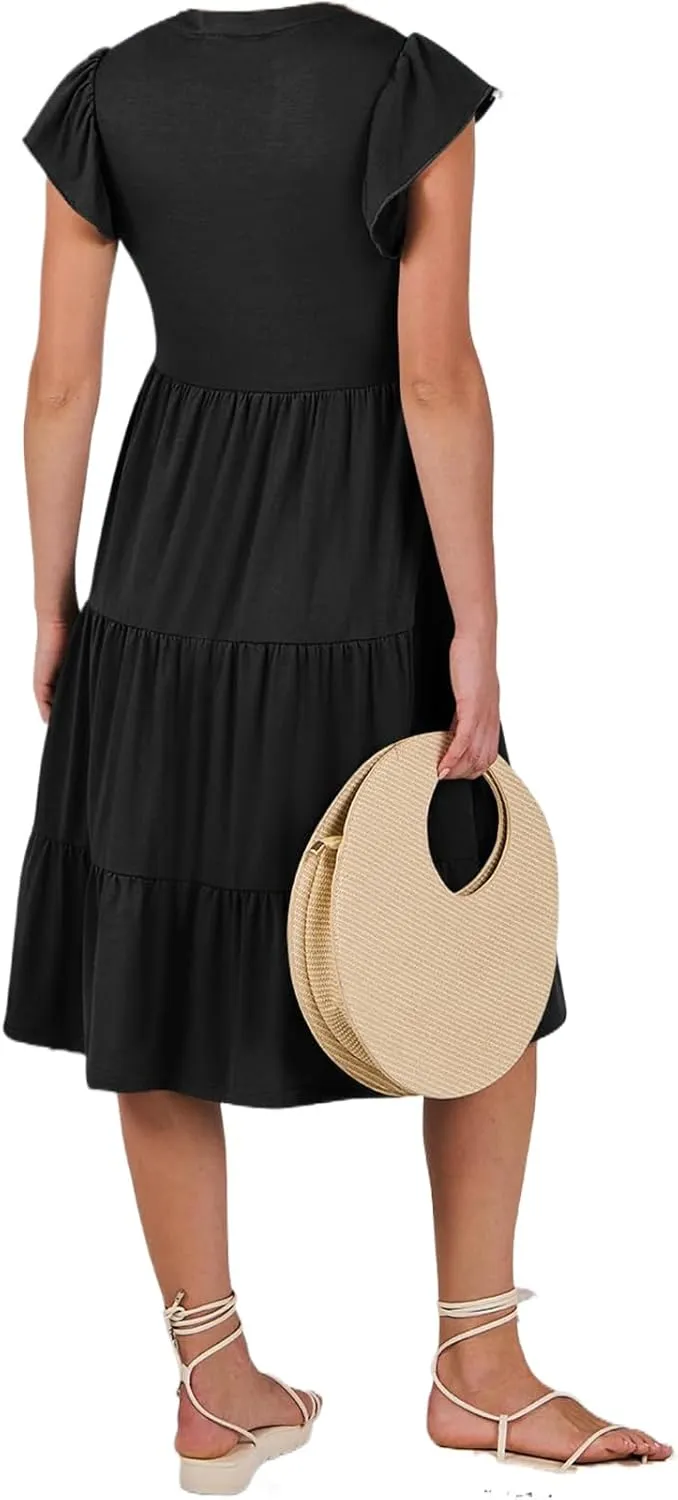 Summer Dresses for Women Ruffle Sleeve V Neck Midi Dresses Casual Fit Flowy Tiered Boho Beach Sundress with Pocket