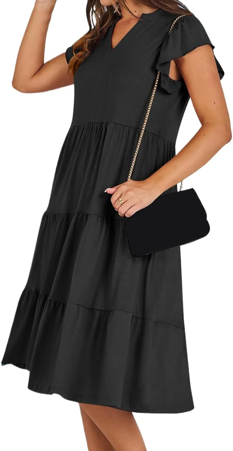 Summer Dresses for Women Ruffle Sleeve V Neck Midi Dresses Casual Fit Flowy Tiered Boho Beach Sundress with Pocket
