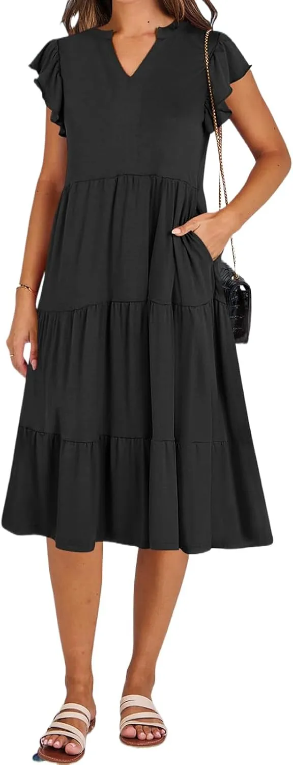 Summer Dresses for Women Ruffle Sleeve V Neck Midi Dresses Casual Fit Flowy Tiered Boho Beach Sundress with Pocket