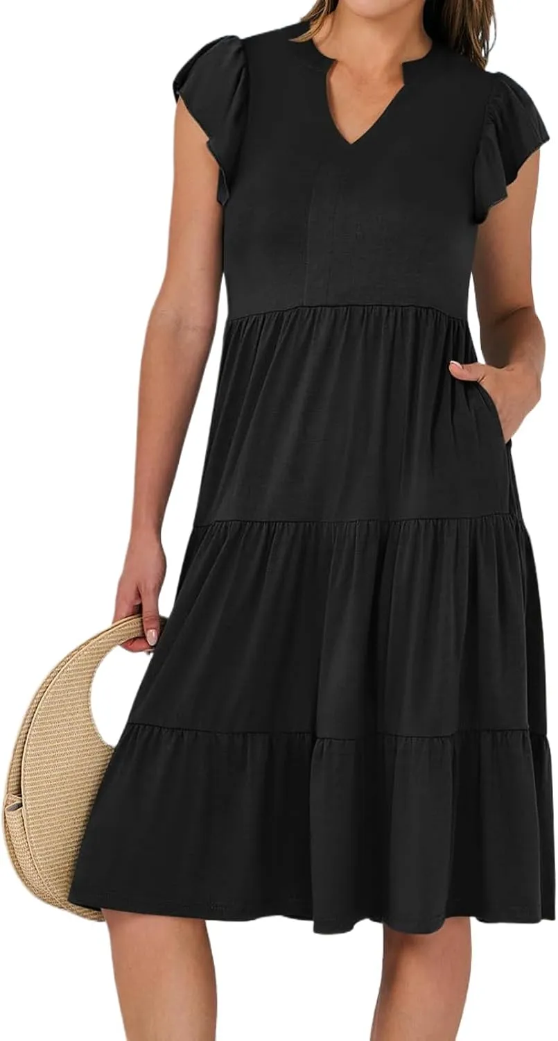 Summer Dresses for Women Ruffle Sleeve V Neck Midi Dresses Casual Fit Flowy Tiered Boho Beach Sundress with Pocket