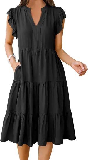 Summer Dresses for Women Ruffle Sleeve V Neck Midi Dresses Casual Fit Flowy Tiered Boho Beach Sundress with Pocket