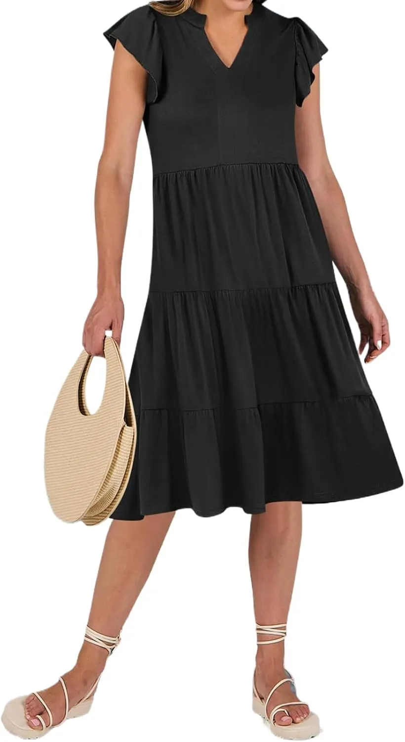 Summer Dresses for Women Ruffle Sleeve V Neck Midi Dresses Casual Fit Flowy Tiered Boho Beach Sundress with Pocket