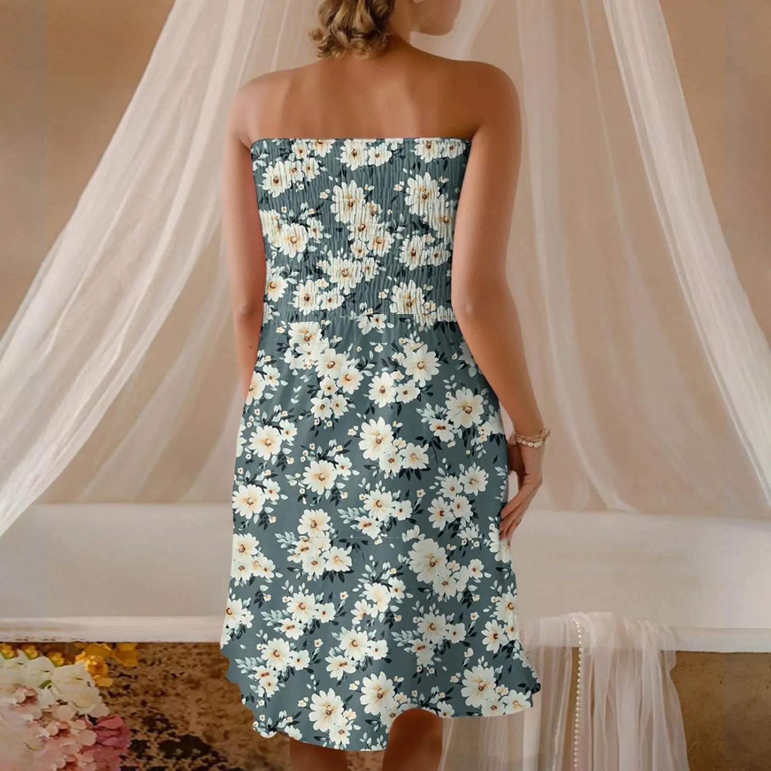 Summer Dresses for Women Strapless Boho Floral Mini Dress Casual Beach Cover Ups Tube Tops Sundress