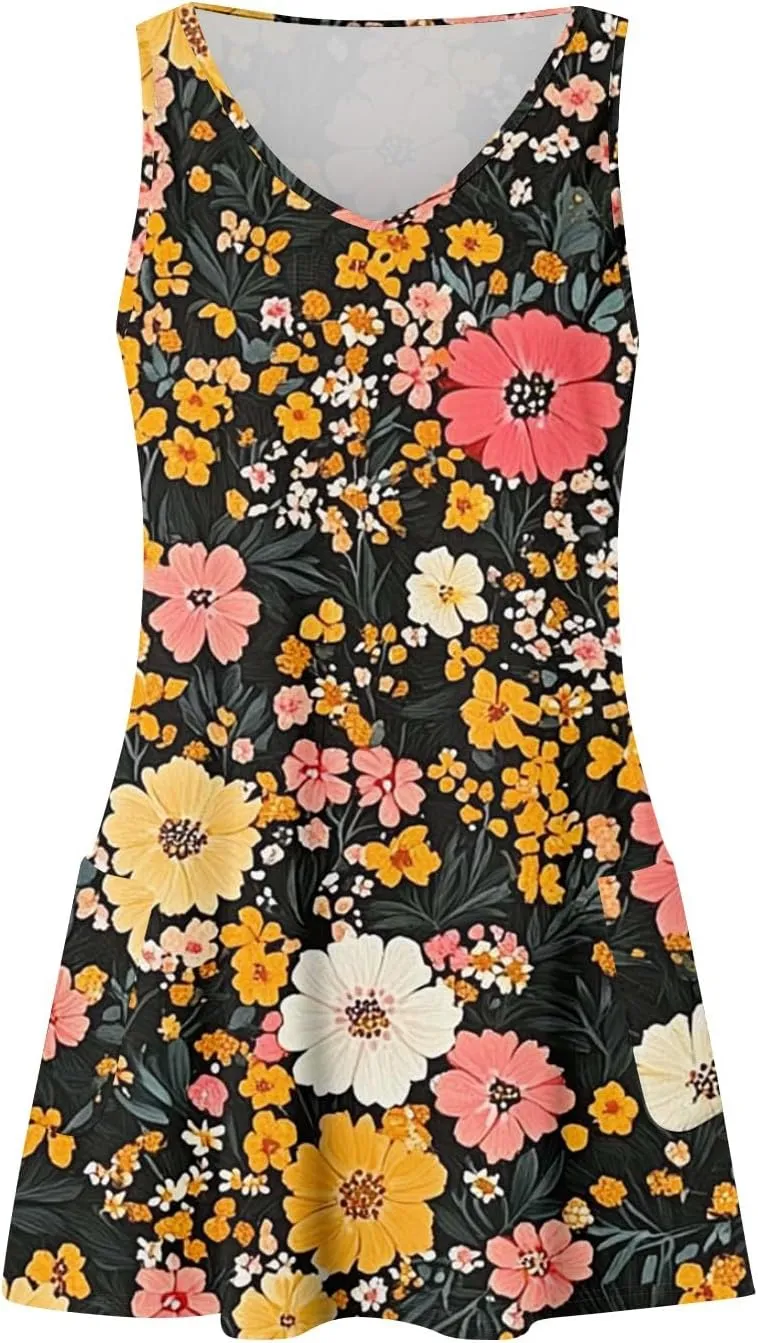 Summer Dresses for Women V Neck Sleeveless Dress with Pocket 2025 Beach Sundress Printed Casual Swimsuit Coverup