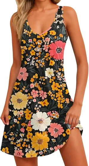 Summer Dresses for Women V Neck Sleeveless Dress with Pocket 2025 Beach Sundress Printed Casual Swimsuit Coverup