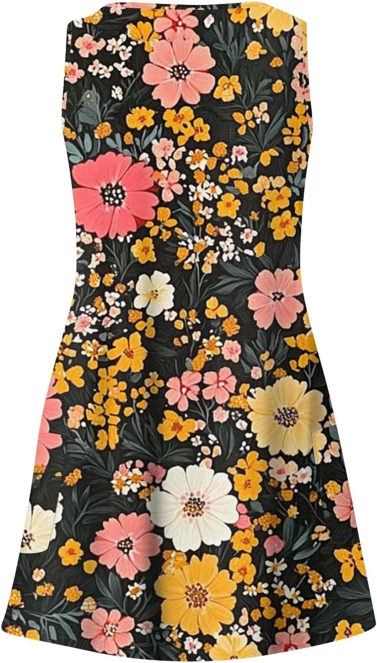 Summer Dresses for Women V Neck Sleeveless Dress with Pocket 2025 Beach Sundress Printed Casual Swimsuit Coverup