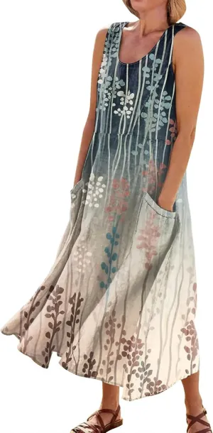 Summer Dresses,Summer Dress Maxi Casual Sleeveless Boho Beach Floral Print Crewneck Outdoor Long Sundress with Pocket