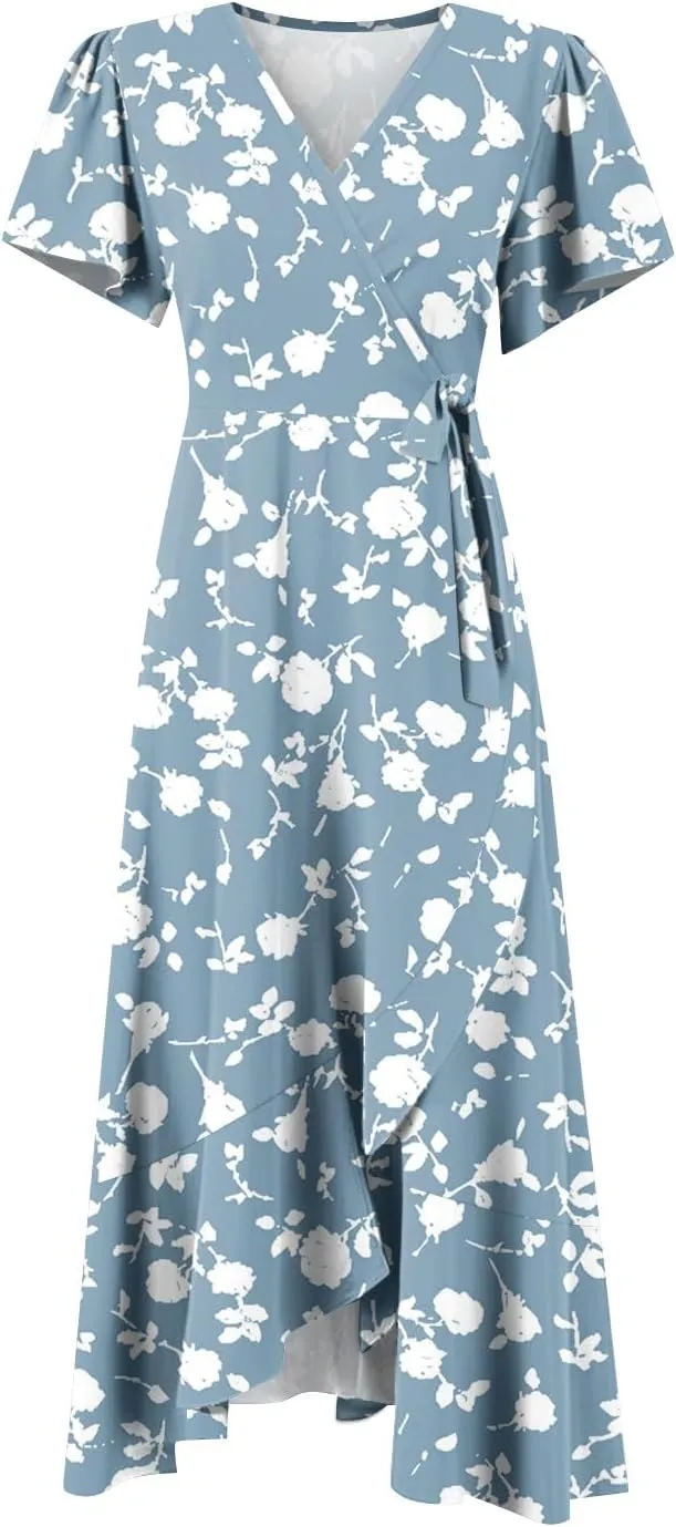 Summer Floral Dresses for Women 2025 Maxi Long Flowy Ruffle V Neck Short Flutter Sleeve Wrap Tie Empire Waist A Line Dress