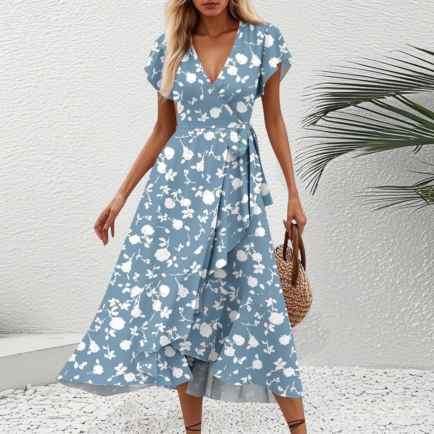 Summer Floral Dresses for Women 2025 Maxi Long Flowy Ruffle V Neck Short Flutter Sleeve Wrap Tie Empire Waist A Line Dress