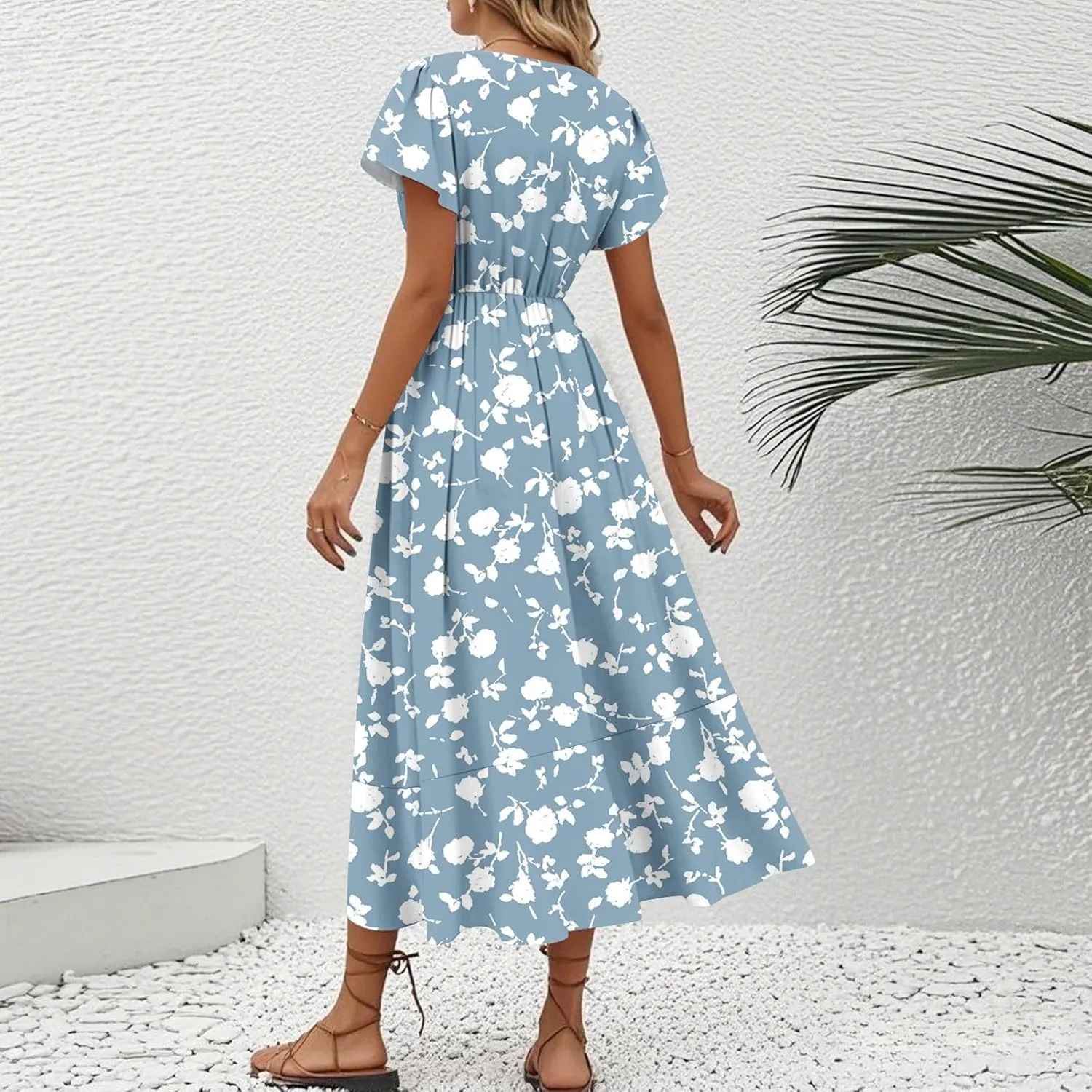 Summer Floral Dresses for Women 2025 Maxi Long Flowy Ruffle V Neck Short Flutter Sleeve Wrap Tie Empire Waist A Line Dress