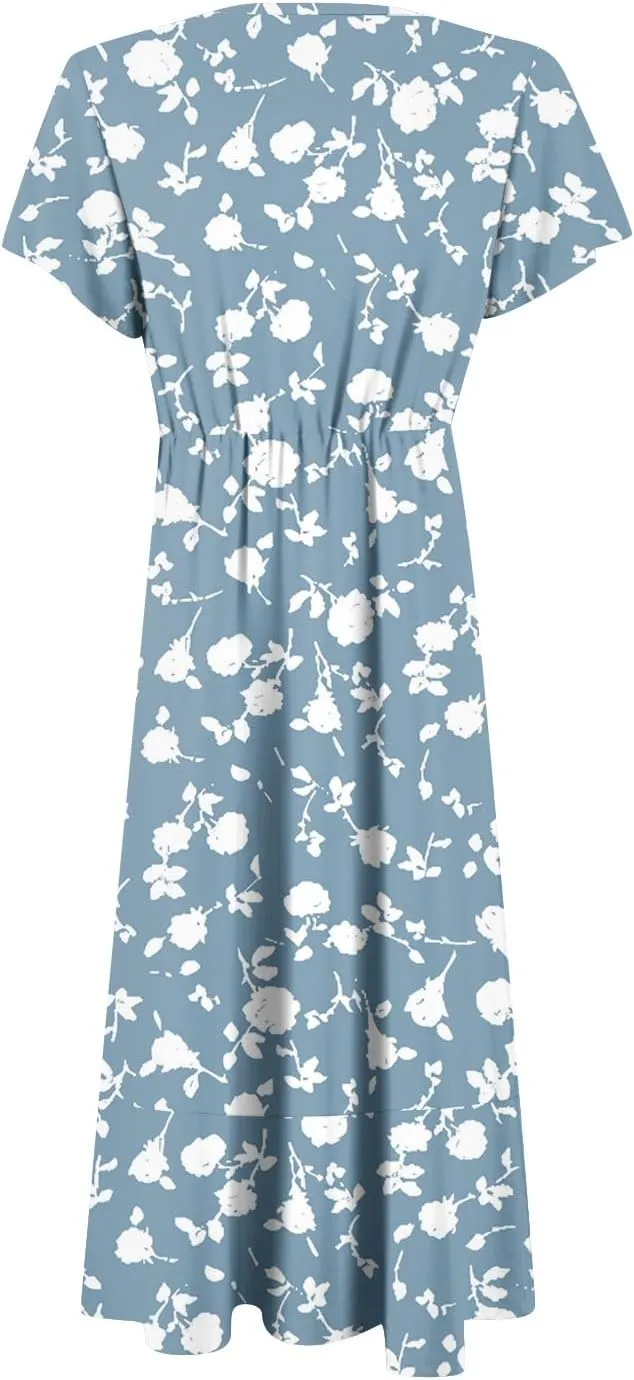 Summer Floral Dresses for Women 2025 Maxi Long Flowy Ruffle V Neck Short Flutter Sleeve Wrap Tie Empire Waist A Line Dress