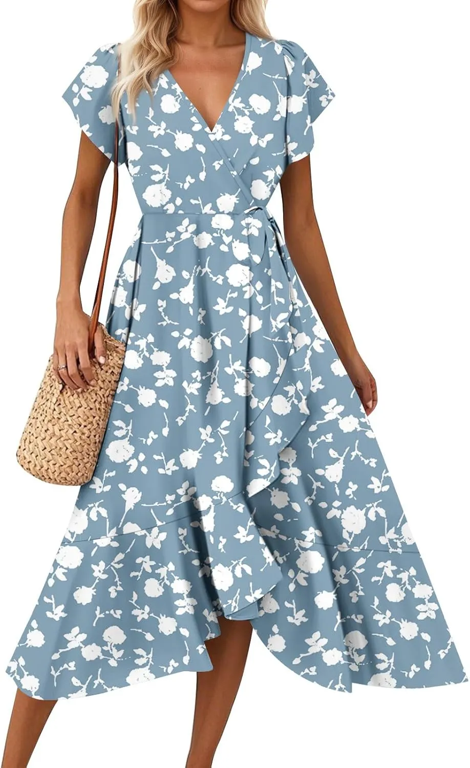 Summer Floral Dresses for Women 2025 Maxi Long Flowy Ruffle V Neck Short Flutter Sleeve Wrap Tie Empire Waist A Line Dress