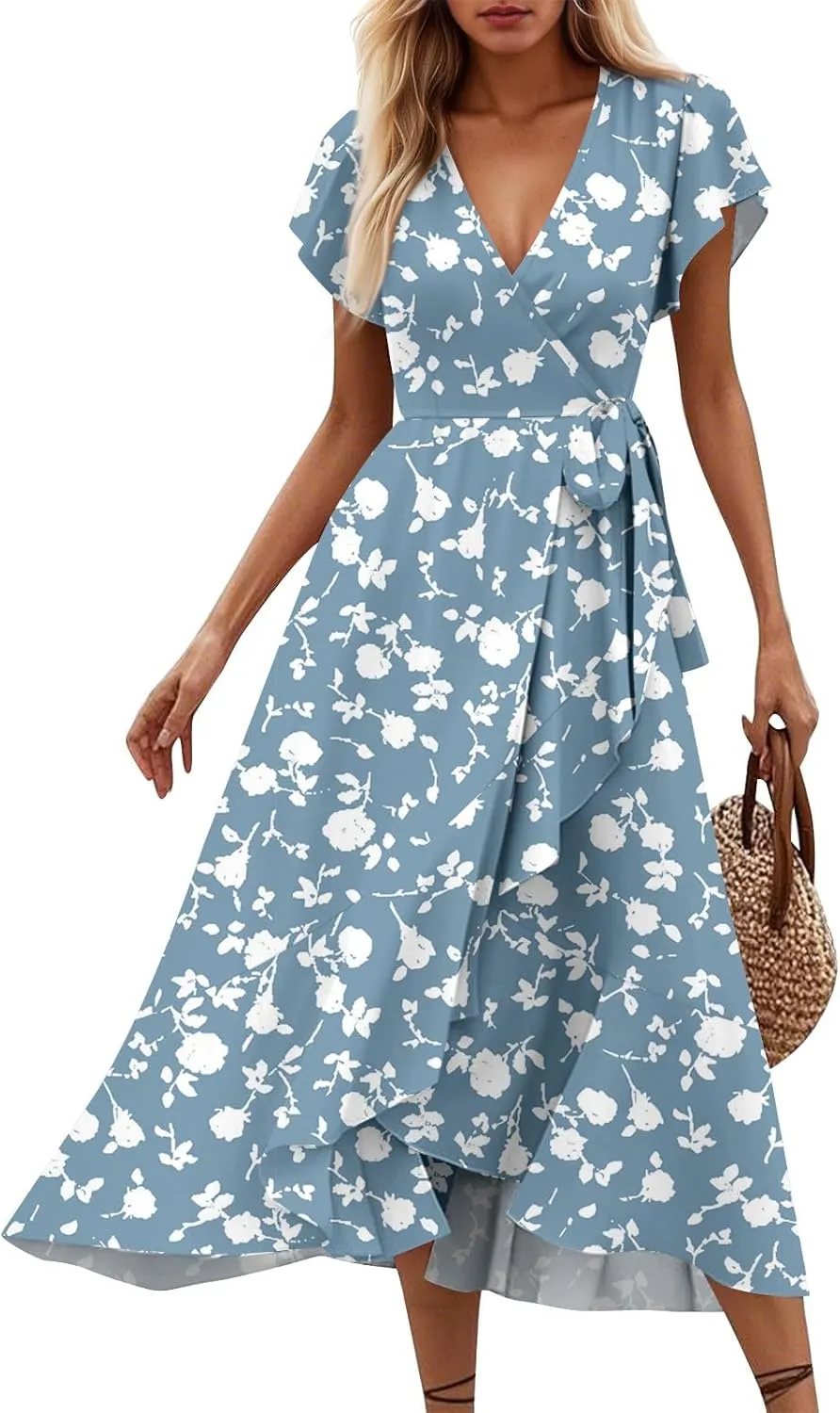 Summer Floral Dresses for Women 2025 Maxi Long Flowy Ruffle V Neck Short Flutter Sleeve Wrap Tie Empire Waist A Line Dress
