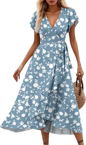 Summer Floral Dresses for Women 2025 Maxi Long Flowy Ruffle V Neck Short Flutter Sleeve Wrap Tie Empire Waist A Line Dress