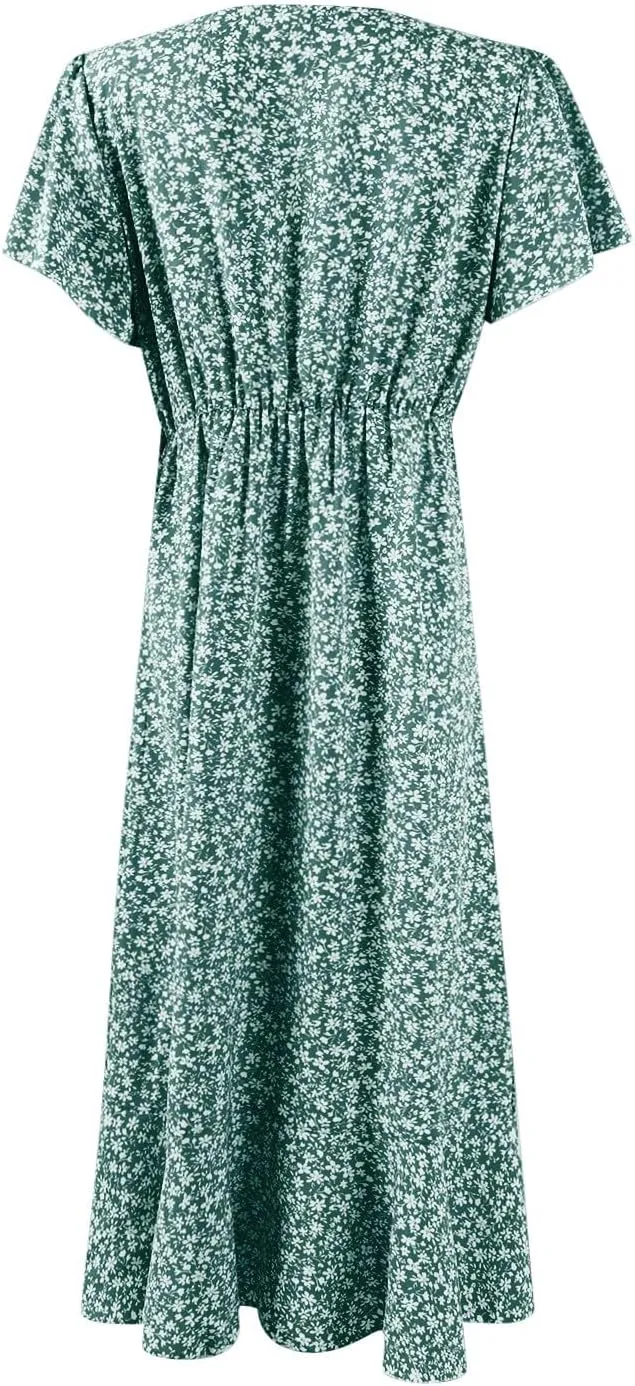 Summer Floral Dresses for Women 2025 Maxi V Neck Short Flutter Sleeve Wrap Tie Empire Waist Long Flowy Ruffle A Line Dress