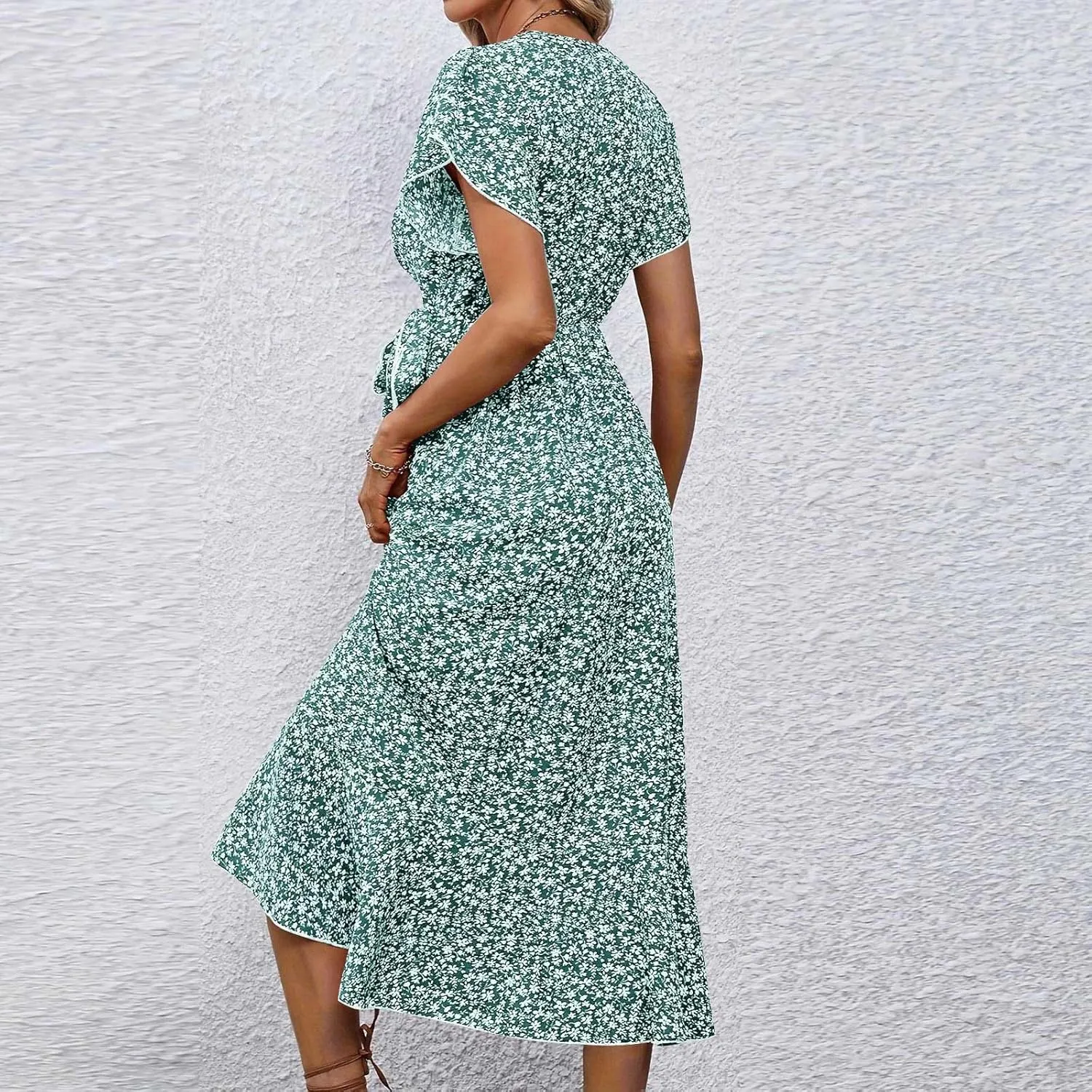 Summer Floral Dresses for Women 2025 Maxi V Neck Short Flutter Sleeve Wrap Tie Empire Waist Long Flowy Ruffle A Line Dress