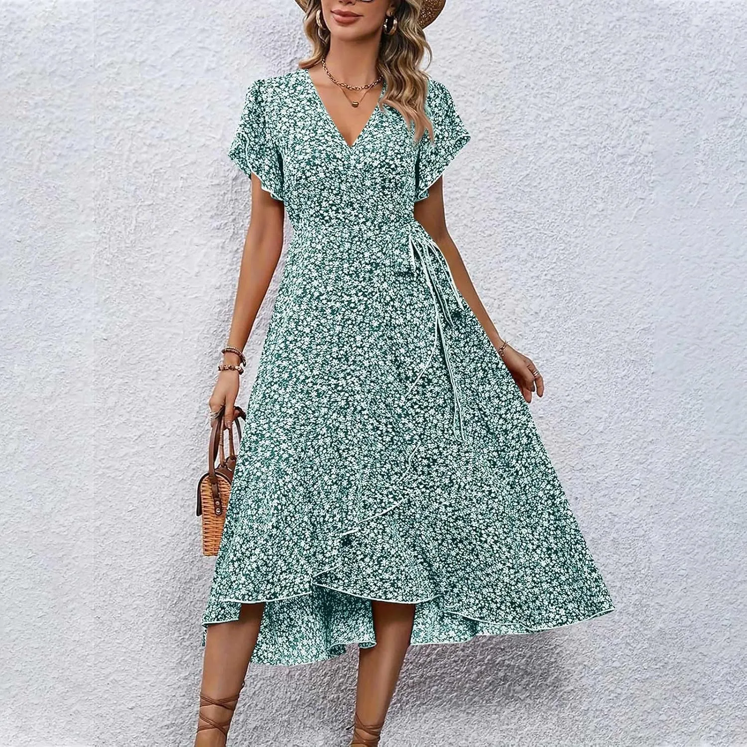 Summer Floral Dresses for Women 2025 Maxi V Neck Short Flutter Sleeve Wrap Tie Empire Waist Long Flowy Ruffle A Line Dress