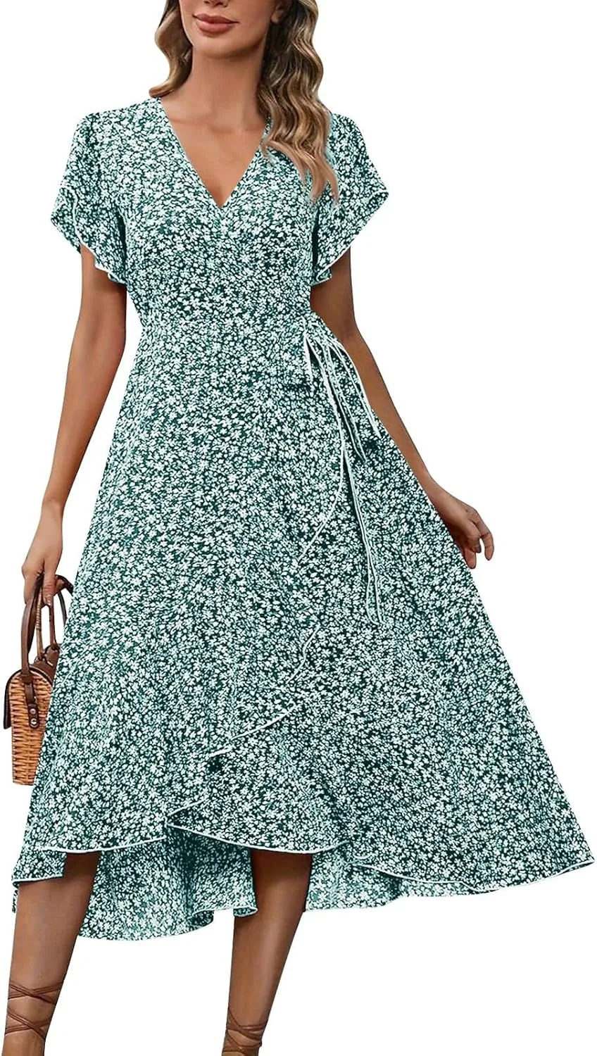 Summer Floral Dresses for Women 2025 Maxi V Neck Short Flutter Sleeve Wrap Tie Empire Waist Long Flowy Ruffle A Line Dress