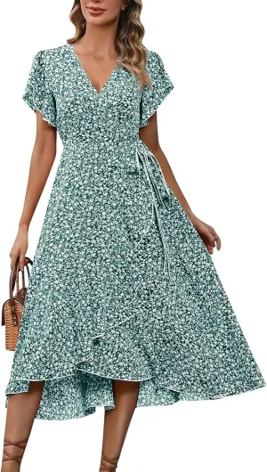 Summer Floral Dresses for Women 2025 Maxi V Neck Short Flutter Sleeve Wrap Tie Empire Waist Long Flowy Ruffle A Line Dress