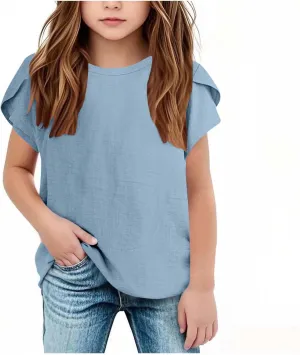 Summer Girls Cotton Linen T Shirts Crewneck Petal Short Sleeve Cute Casual Tops Loose Workout Blouse Tee 5-15 Years