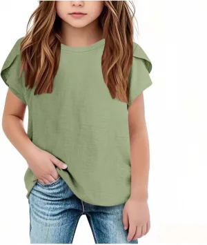 Summer Girls Cotton Linen T Shirts Crewneck Petal Short Sleeve Cute Casual Tops Loose Workout Blouse Tee 5-15 Years