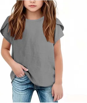 Summer Girls Cotton Linen T Shirts Crewneck Petal Short Sleeve Cute Casual Tops Loose Workout Blouse Tee 5-15 Years