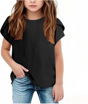 Summer Girls Cotton Linen T Shirts Crewneck Petal Short Sleeve Cute Casual Tops Loose Workout Blouse Tee 5-15 Years