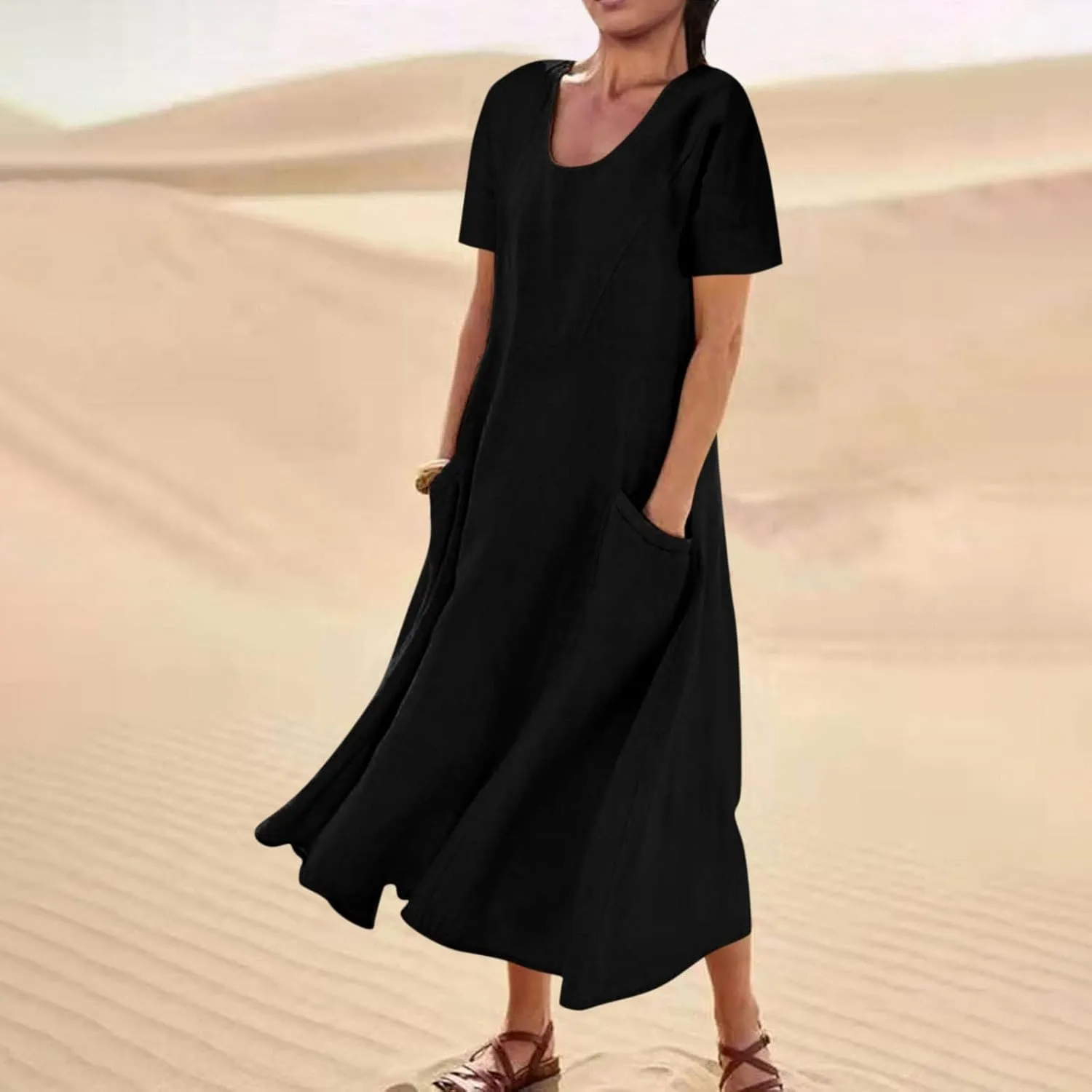 Summer Linen Dresses for Women 2025 Short Sleeve Round Neck Beach Vacation Casual Maxi Dresses Sun Dress with Pockets