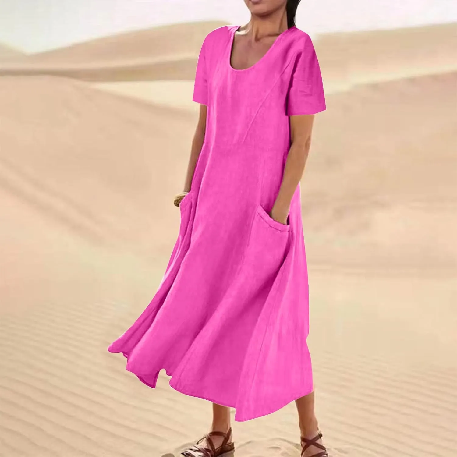 Summer Linen Dresses for Women 2025 Short Sleeve Round Neck Beach Vacation Casual Maxi Dresses Sun Dress with Pockets