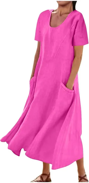 Summer Linen Dresses for Women 2025 Short Sleeve Round Neck Beach Vacation Casual Maxi Dresses Sun Dress with Pockets