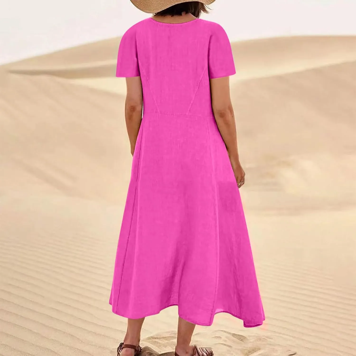Summer Linen Dresses for Women 2025 Short Sleeve Round Neck Beach Vacation Casual Maxi Dresses Sun Dress with Pockets