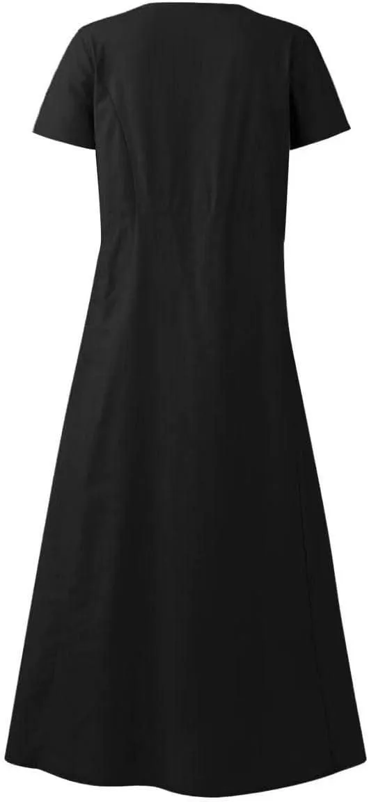 Summer Linen Dresses for Women 2025 Short Sleeve Round Neck Beach Vacation Casual Maxi Dresses Sun Dress with Pockets