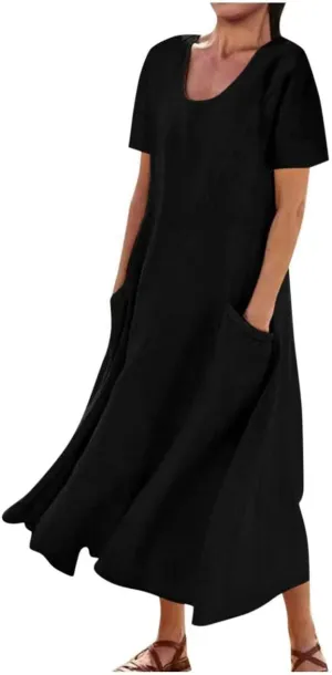 Summer Linen Dresses for Women 2025 Short Sleeve Round Neck Beach Vacation Casual Maxi Dresses Sun Dress with Pockets