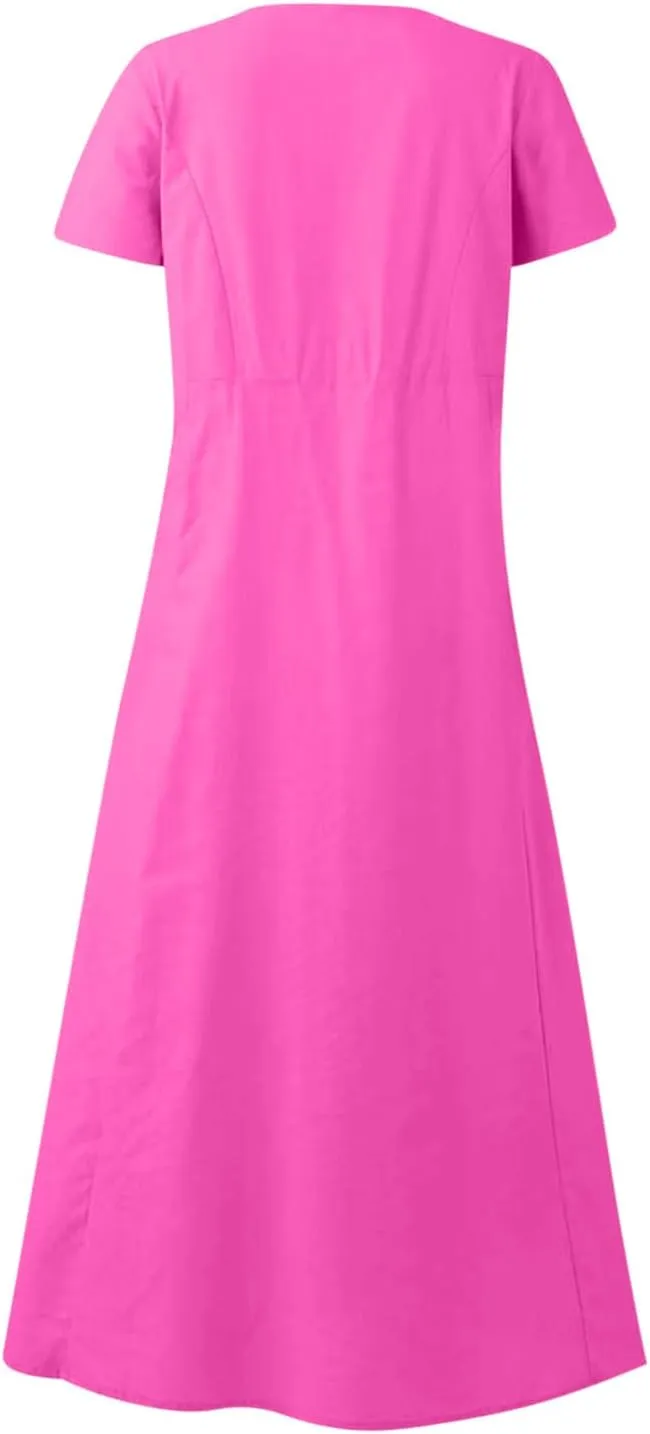 Summer Linen Dresses for Women 2025 Short Sleeve Round Neck Beach Vacation Casual Maxi Dresses Sun Dress with Pockets